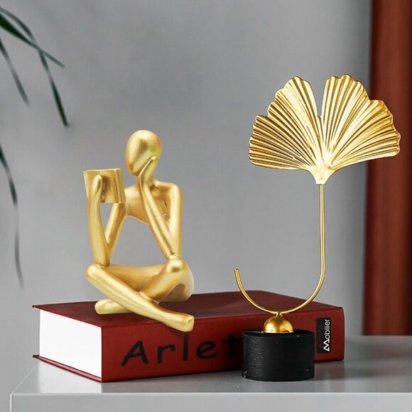 Gold Reading Women Statue Thinker Sculptures Abstract Art Ornament Décor - Picture 4 of 8